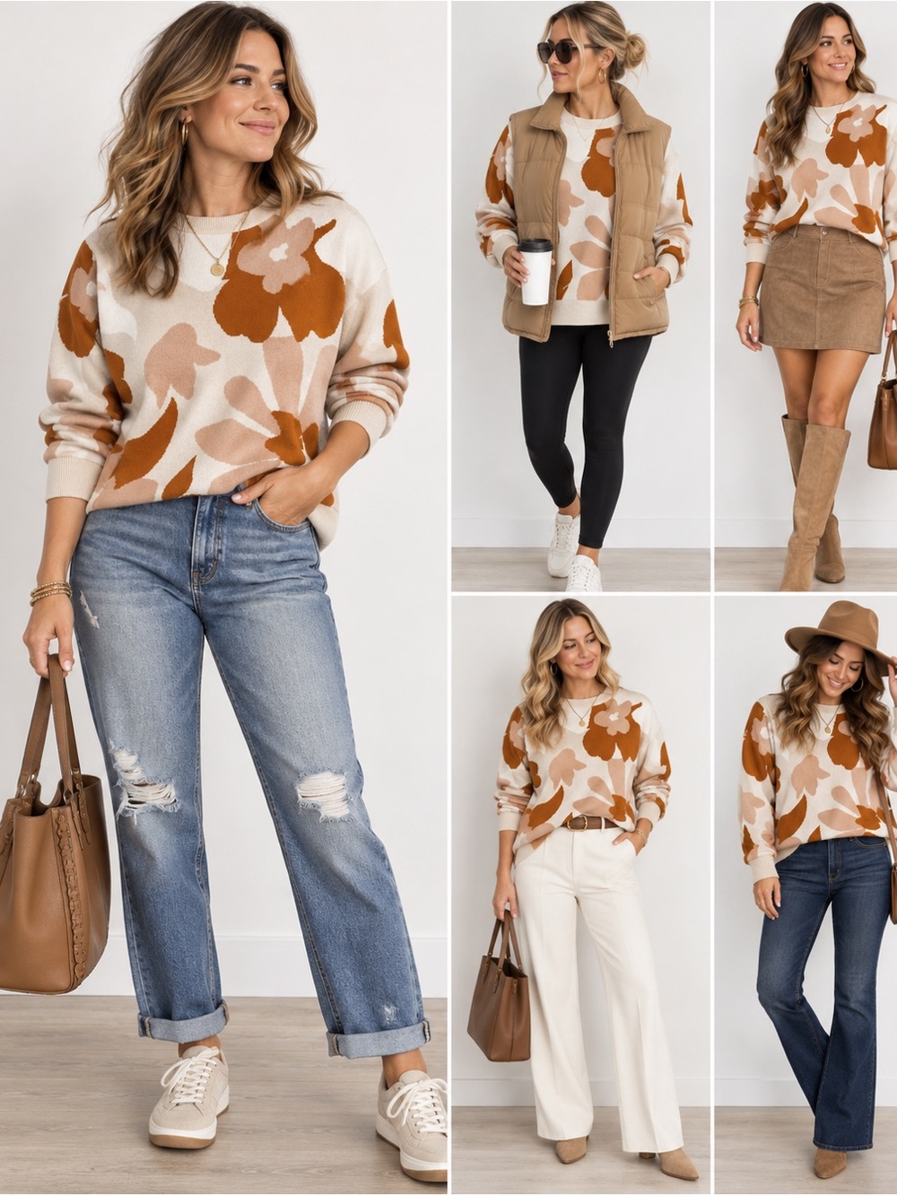 Cynthia Rowley Cream & Brown Floral Crewneck Sweater